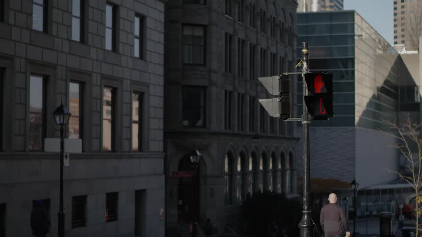 Pedestrians walk down a city street