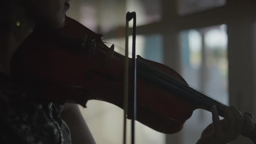 A woman plays the violin while standing next to a window