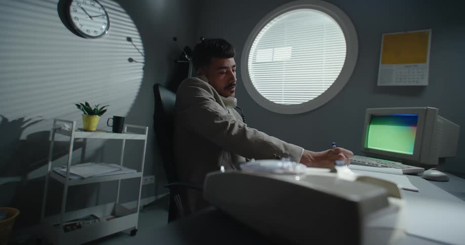 Businessman with mustache beige suit sits at desk answering phone and taking notes at the office