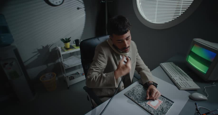 Man sitting at a desk looks at his wristwatch then answers the phone and opens a notebook and begins to write with a pen