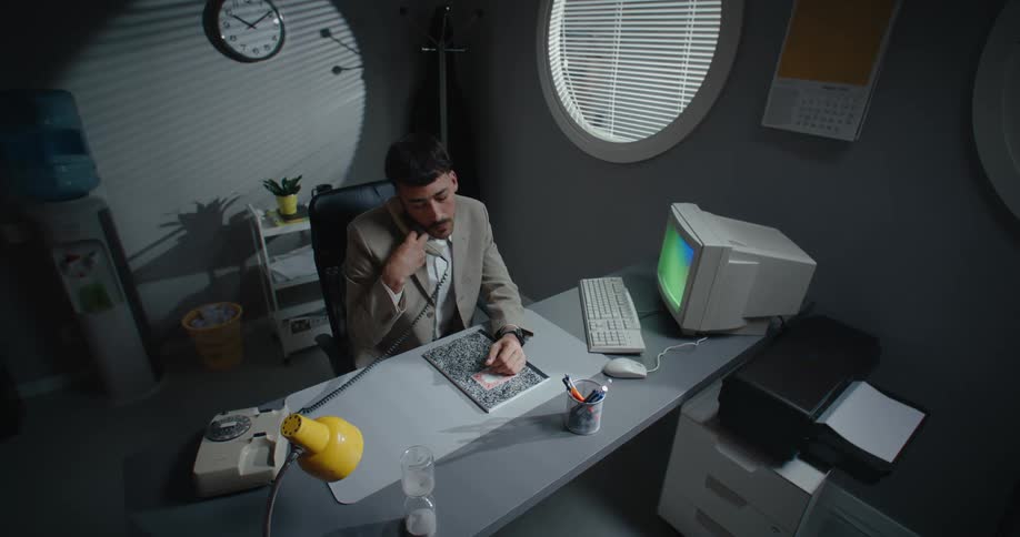 Man works alone in office with flickering old monitor and rotary dial phone