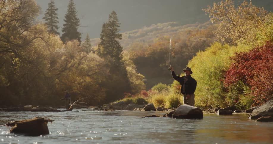 A man is standing near the woods along the side of the river as he casts his fishing line into the water