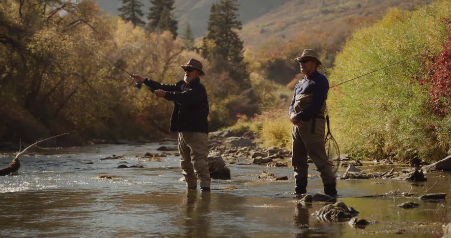 Two men wearing hats sunglasses and black coat and brown pants cast fishing rods in the forest stream near brown trees with mountain in the background