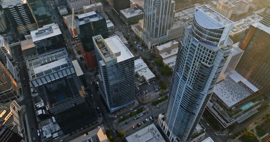 Aerial view of tall skyscrapers on the city skyline at morning