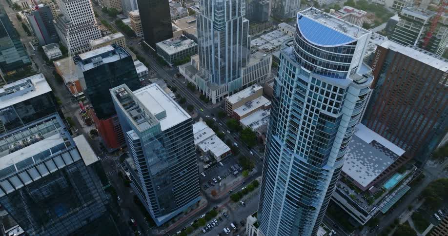 Aerial view of downtown buildings are displayed
