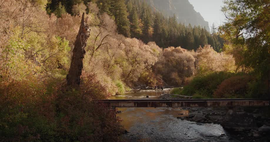Two men are standing along a riverbank near the woods casting their fishing lines into the water with a mountain high in a hazy sky