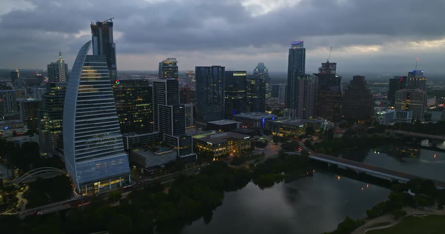 Tall buildings line the river