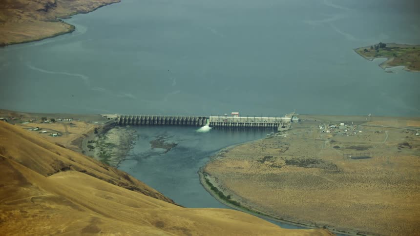 An aerial view of the Priest Rapids Dam on the Columbia River in Eastern Washington, USA