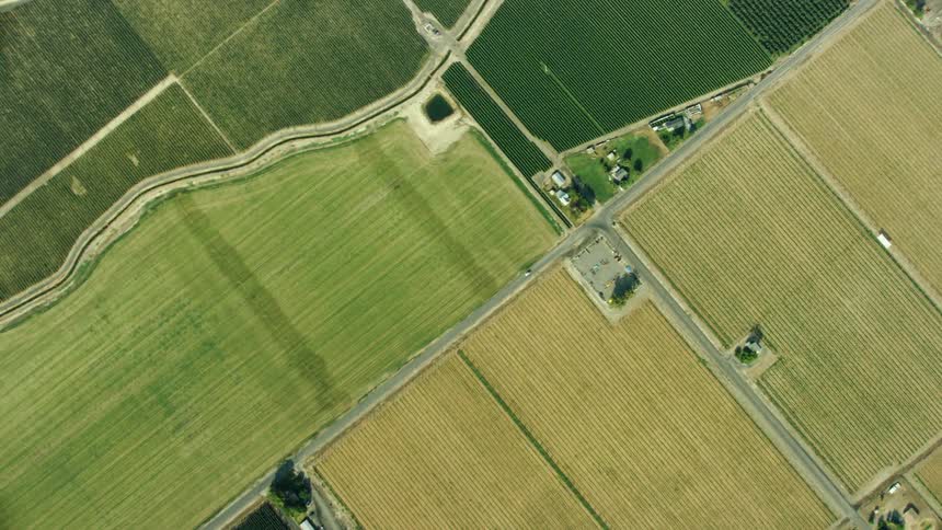 Looking straight down from 10,000 feet rotating and following a white car as it drives on a straight rural road flanked by irrigation canal and cubic symmetrical agricultural land
