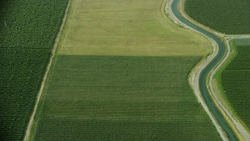 High energy aerial shot as the camera rapidly passes over a meandering irrigation canal as it weaves through orchards, row crops and corn in the arid dry desert west