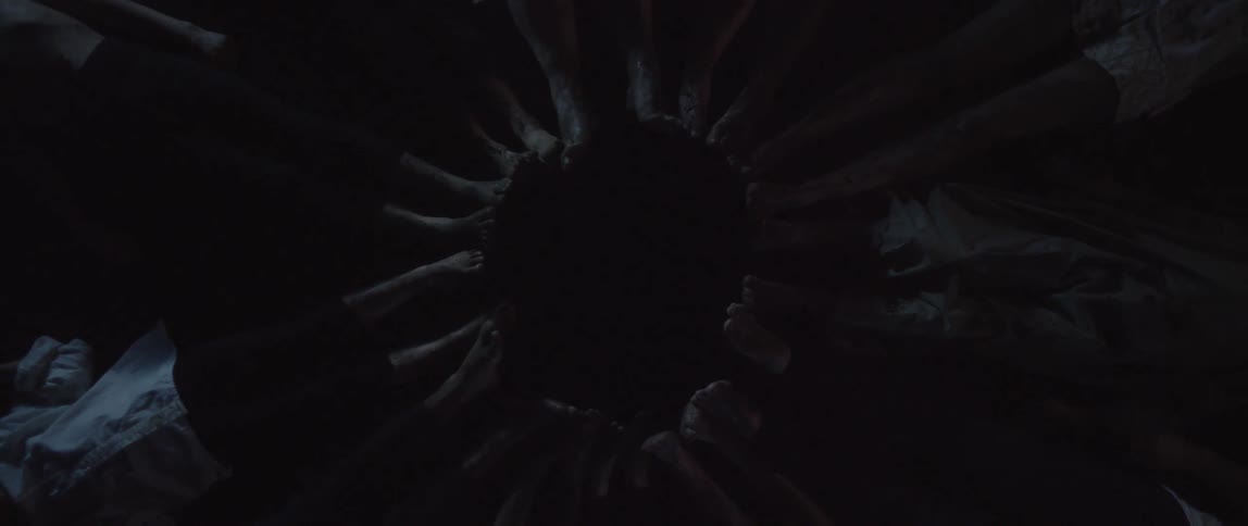 A group of people lay with their feet touching so they form a circle
