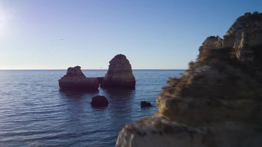 Sea birds fly near a coastline with rock outcroppings