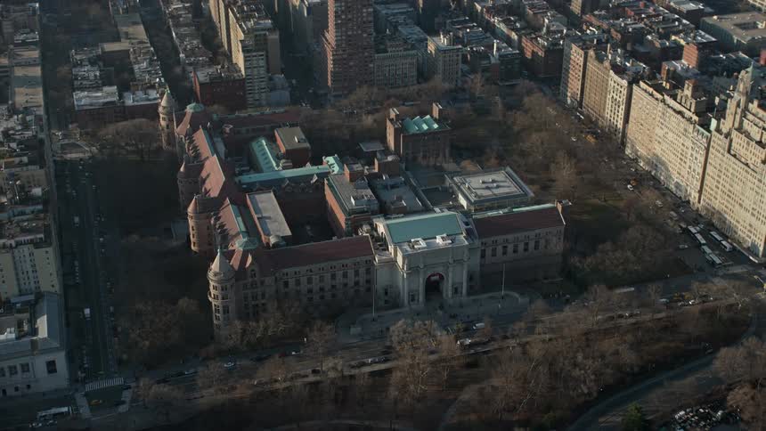 Aerial footage of the Museum of Natural History in New York Citys Upper West Side during the winter season