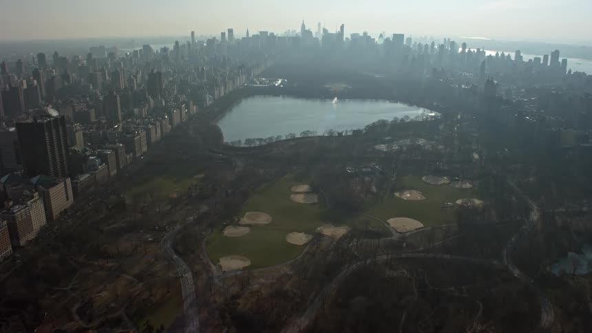 Aerial view of Central Parks baseball fields and Jacqueline Kennedy Onassis Reservoir New York City during winter