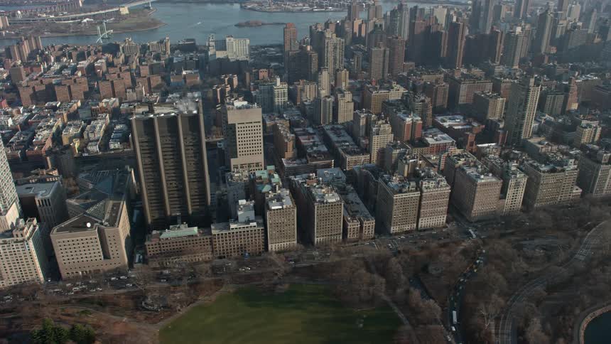 An aerial flyby of Mount Sinai Hospital and apartment buildings in Upper East Side New York City during winter