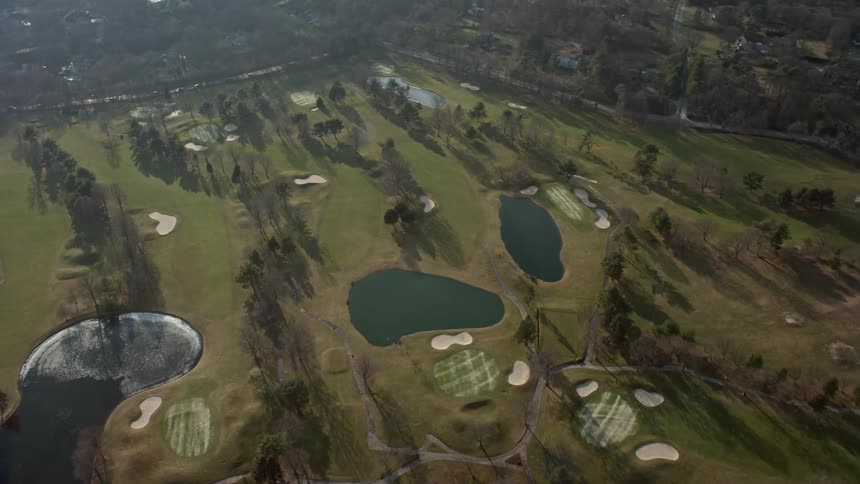 A breathtaking birds-eye view of the Tam OShanter Golf Club in Brookville Long Island - showcasing the beauty of the winter season
