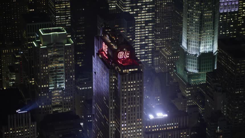 An aerial view of Rockefeller Centers skyscraper in Midtown Manhattan New York City captured at night in winter