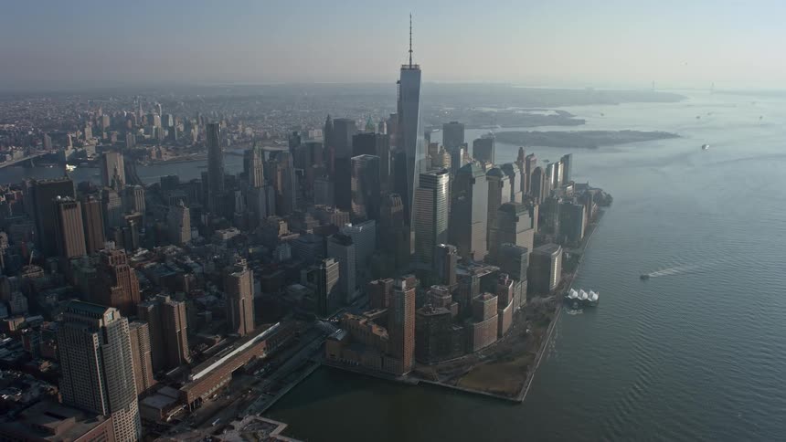 Aerial view of One World Trade Center and other skyscrapers in Lower Manhattan New York City during winter