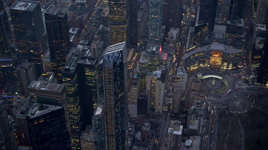 Aerial view of One57 skyscraper near Columbus Circle in Midtown Manhattan New York City during winter twilight