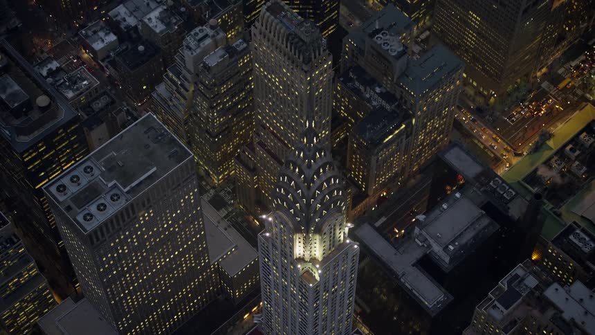 The Chrysler Building in Midtown Manhattan is seen from a birds eye view during twilight in winter