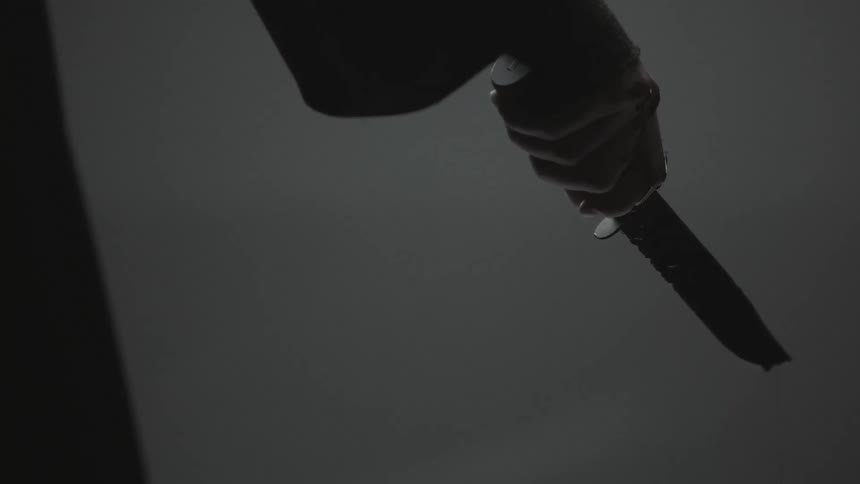A person lifts a knife