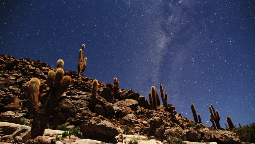 A view in a desert is displayed with time lapse photography
