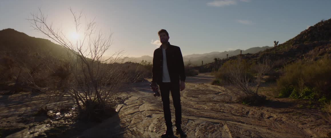 Silhouette of a man standing near a dead tree close to the hills at evening