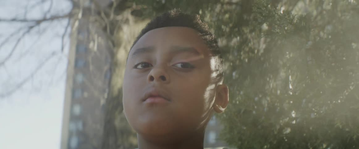 Boy wearing denim jacket looks around under tree as the sun shines in the neighborhood