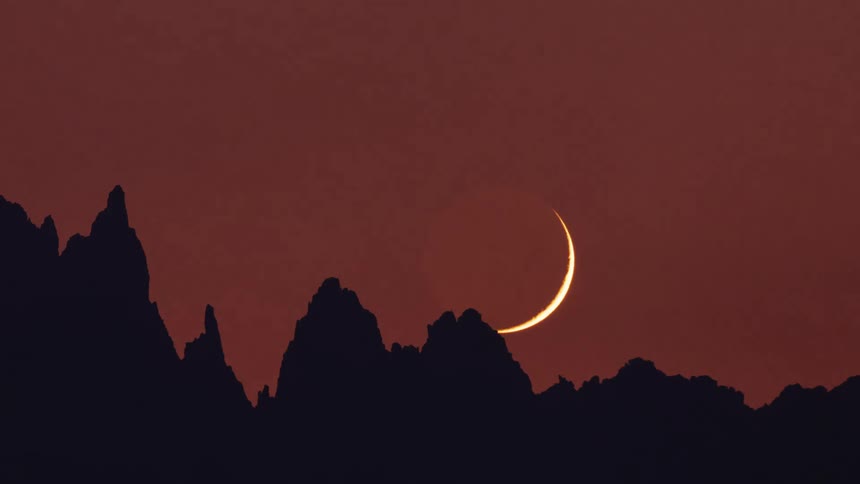 The crescent moon moves down behind the trees in an orange sky