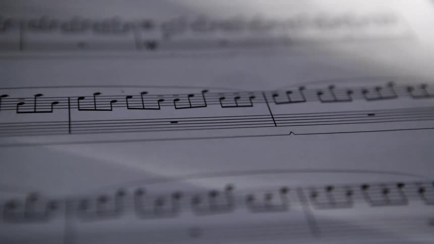 Close up view of a sheet of music is displayed