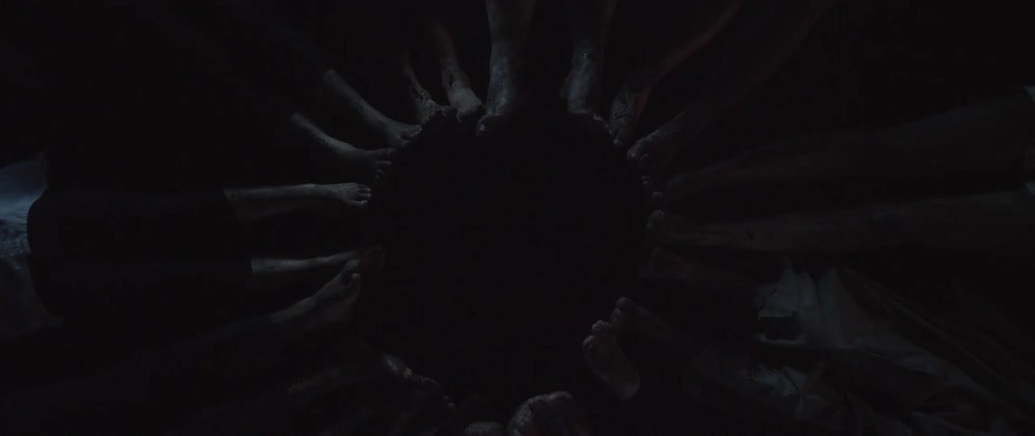 People laying on the ground at night form a ring with their feet