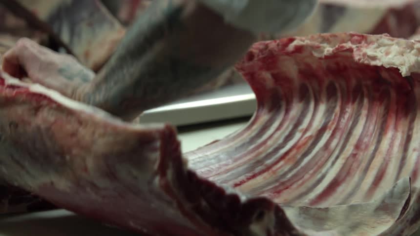 Butcher peels the skin from the back of a ribcage in the kitchen
