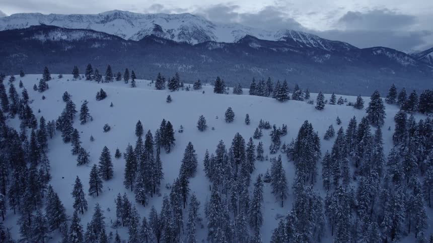 Aerial view of snow covered mountains is displayed