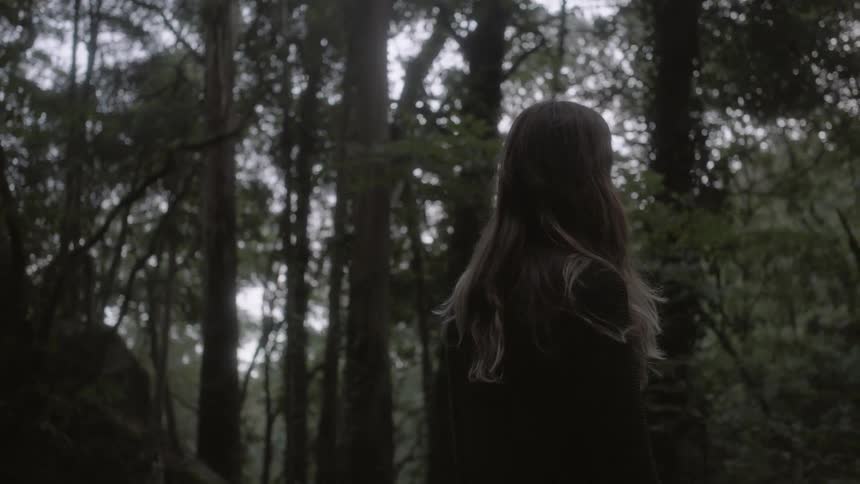 A woman stands before a forest
