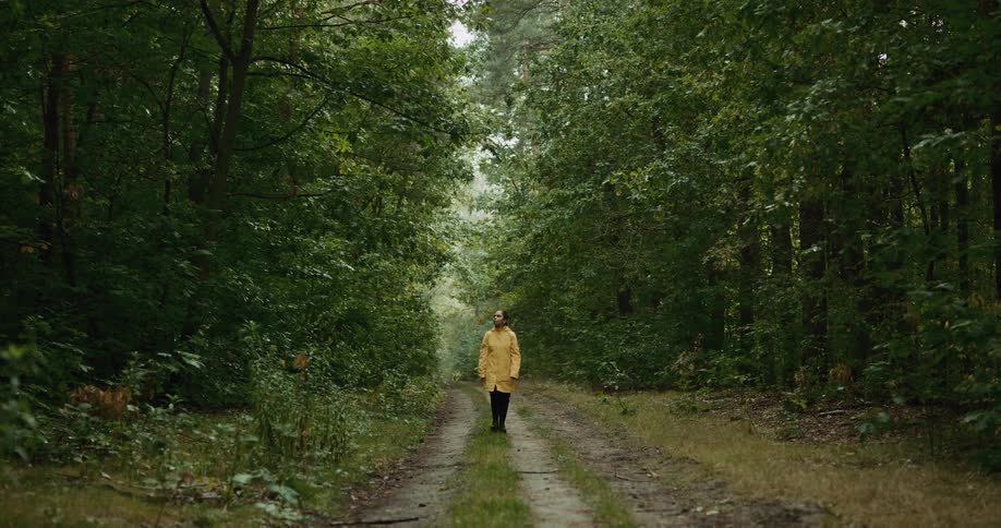 A woman in a long yellow raincoat walks along a forest trail