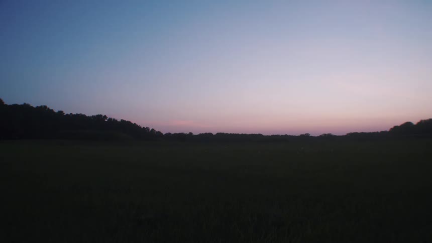 Red tints sky on horizon over woods bordering large field