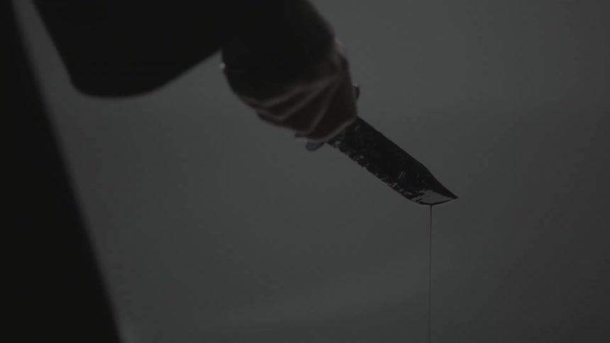 A person holding a knife with blood dripping off it