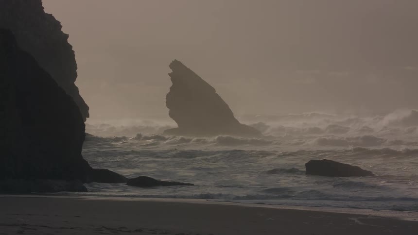 Rough water waves splash against rocks as they roll into shore under a foggy sky