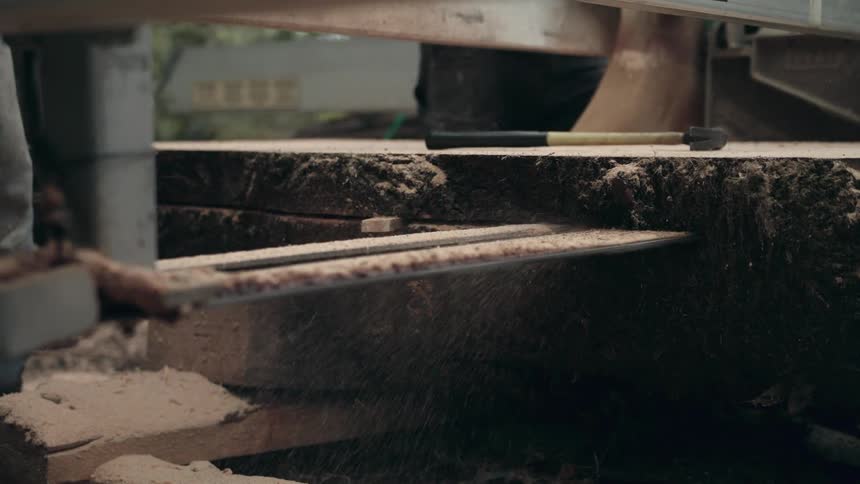 Sawmill cuts log traveling on sawmill machinery