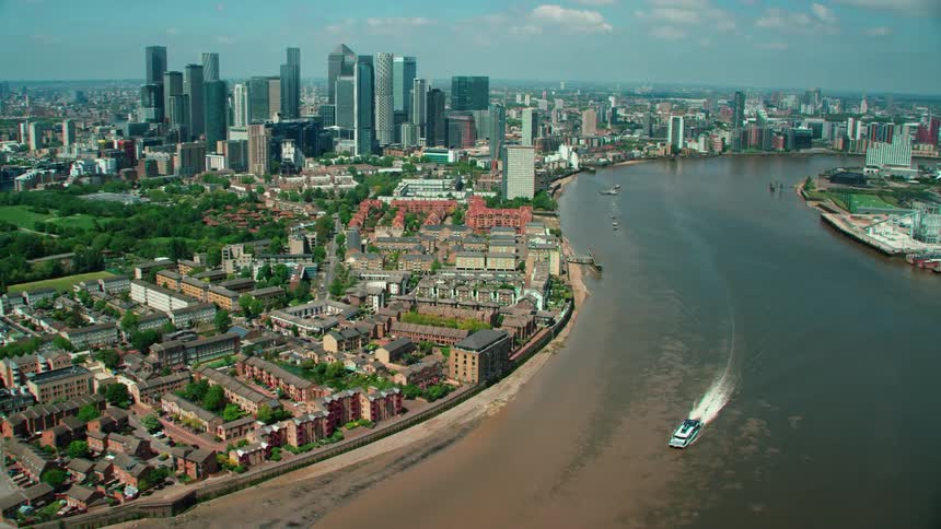 Aerial view of skyline public park and buildings near the river in the city