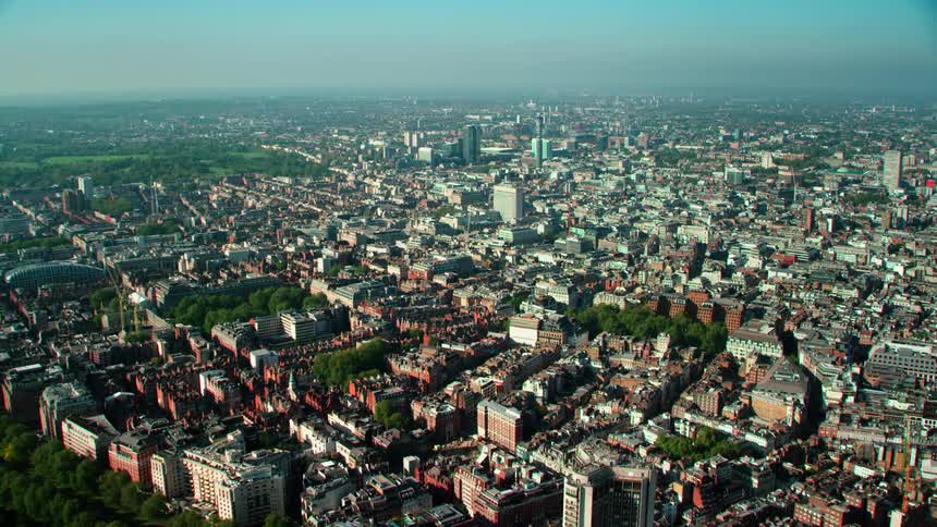 Aerial view of apartment buildings and distant skyline in london