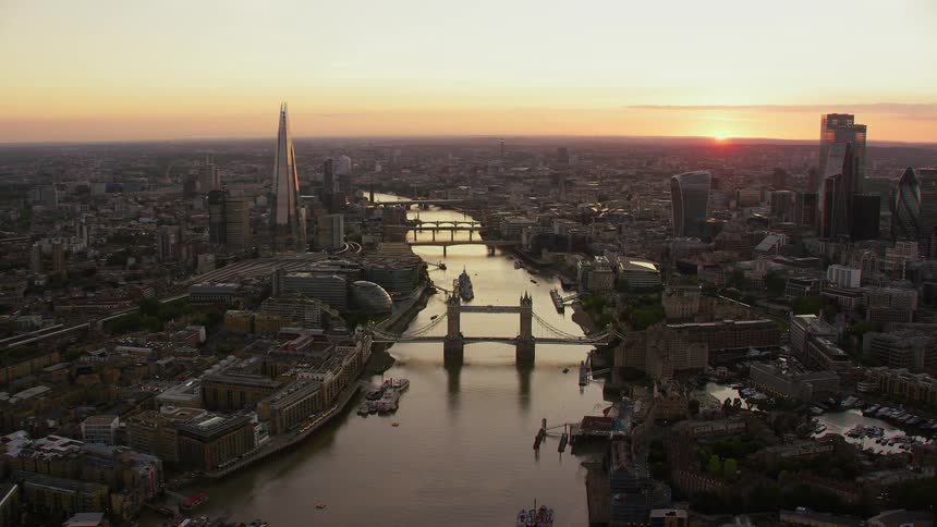 Aerial view tower bridge over the river thames in london at sunset