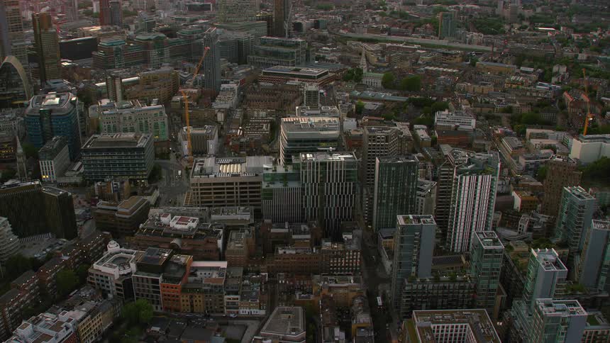 Aerial view of high rise and office buildings in the city