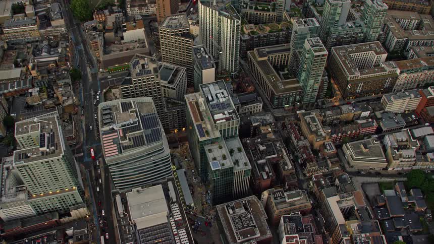 Aerial view of office buildings and apartment buildings in the city