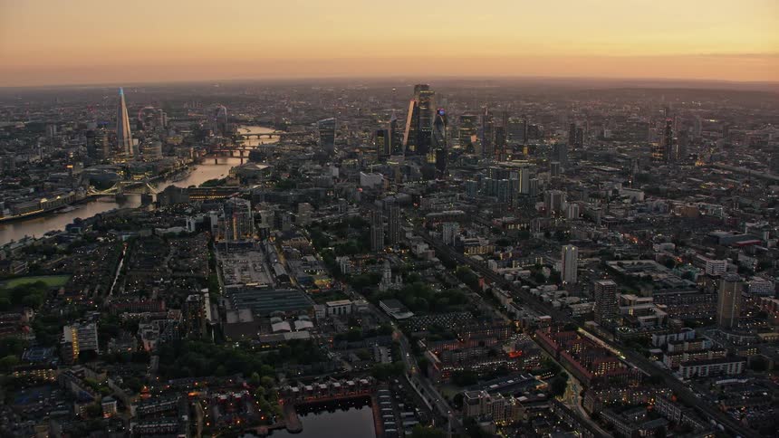 Aerial view of city of london skyline at sunset