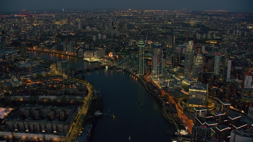 Aerial view of a downtown city during the night time