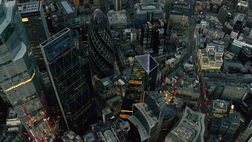 Aerial view of the tall skyscrapers on london downtown at evening