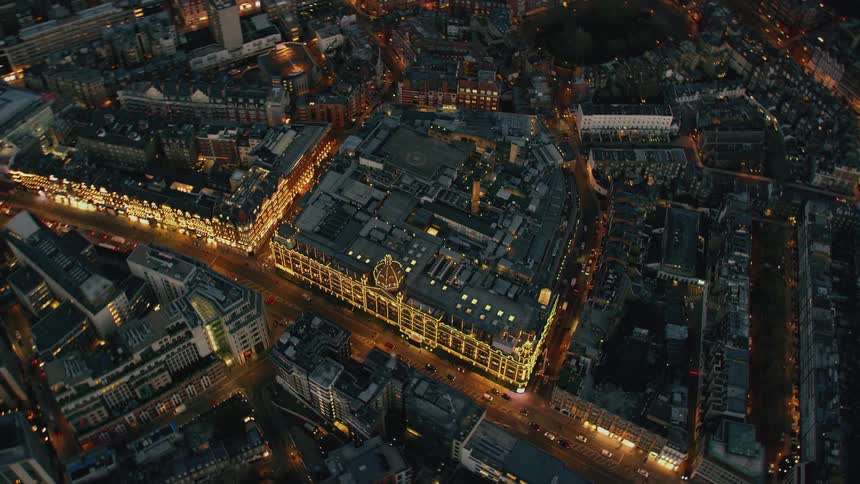Aerial view of beautiful night lights on the streets and buildings of london