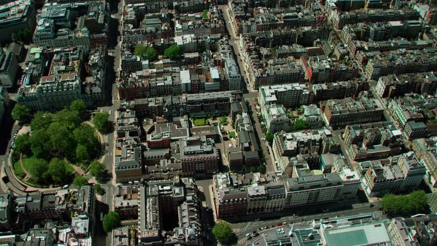 Aerial view of city neighborhood with apartment buildings