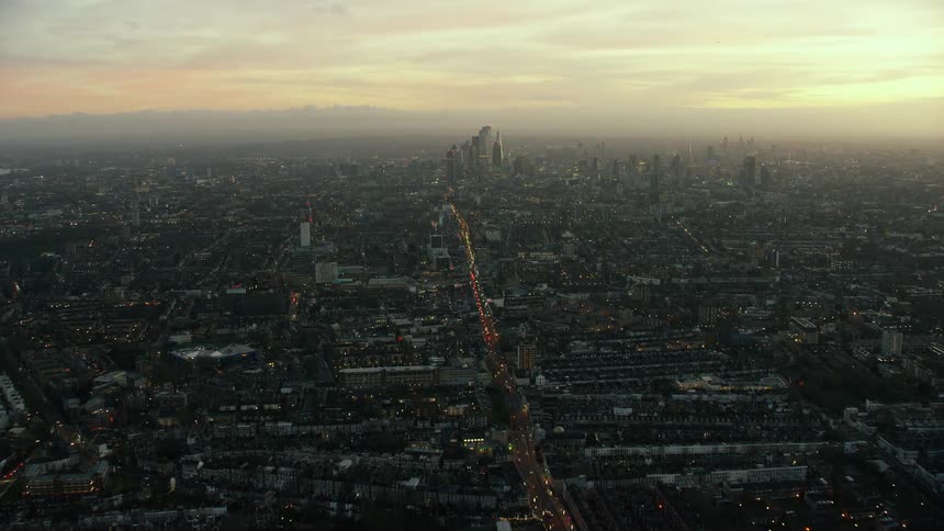 Aerial view of a downtown metro area is displayed